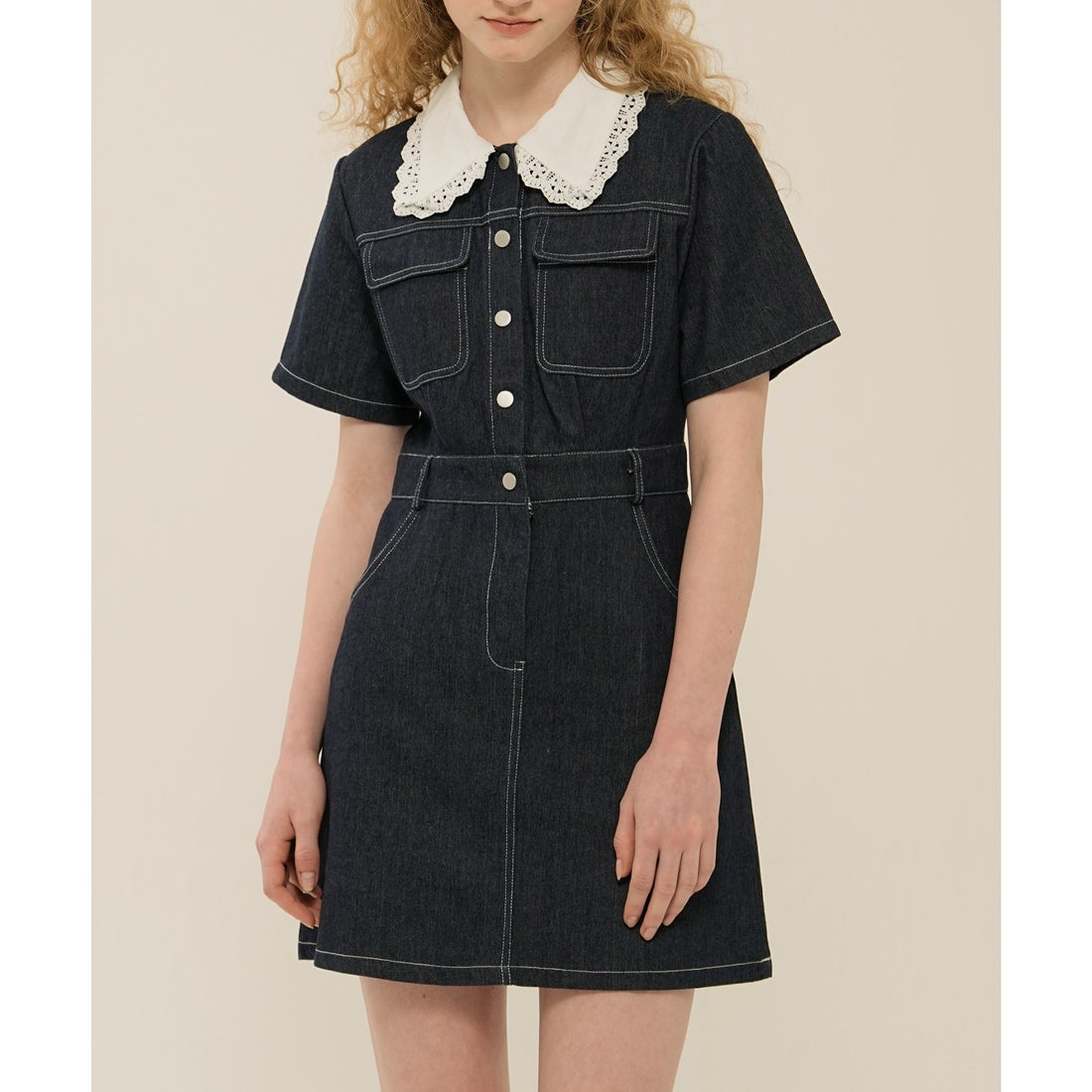 ラポミ プチ LA POMME petit Lace Collar Denim One Piece レース