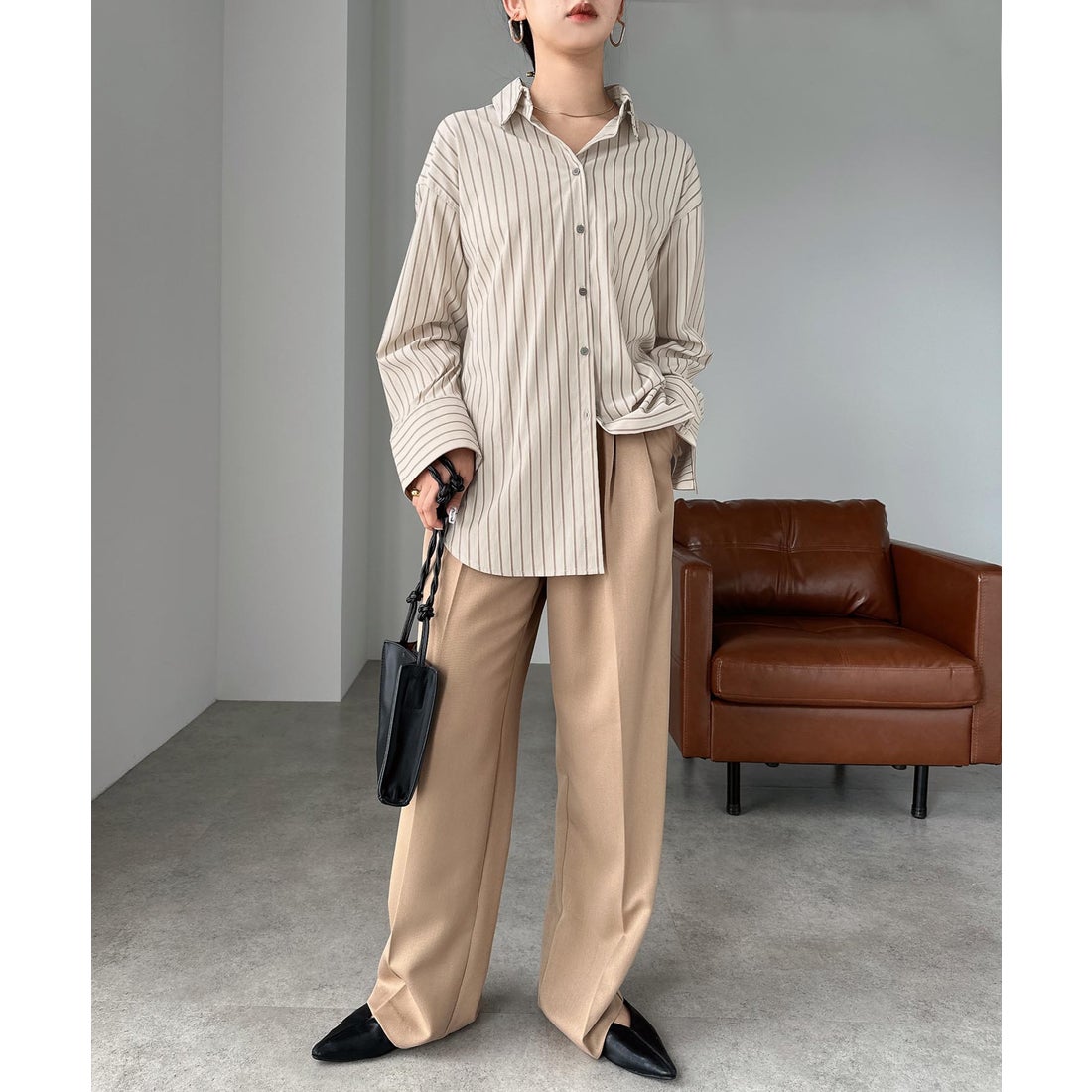 XL ストライプデザイン シャツ ベージュ・紫 XL ストライプデザイン