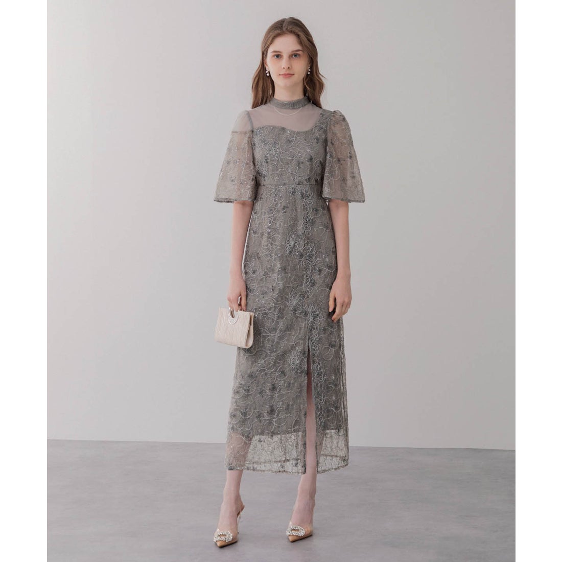 レジャ Leja 花柄刺繍スパンコールベロアスリットIラインドレス美脚