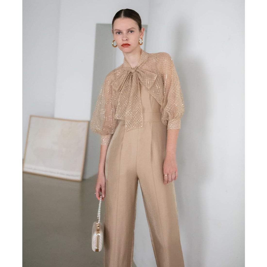 レジャ Leja ドット柄スパンコールパフスリーブボレロオールインワン