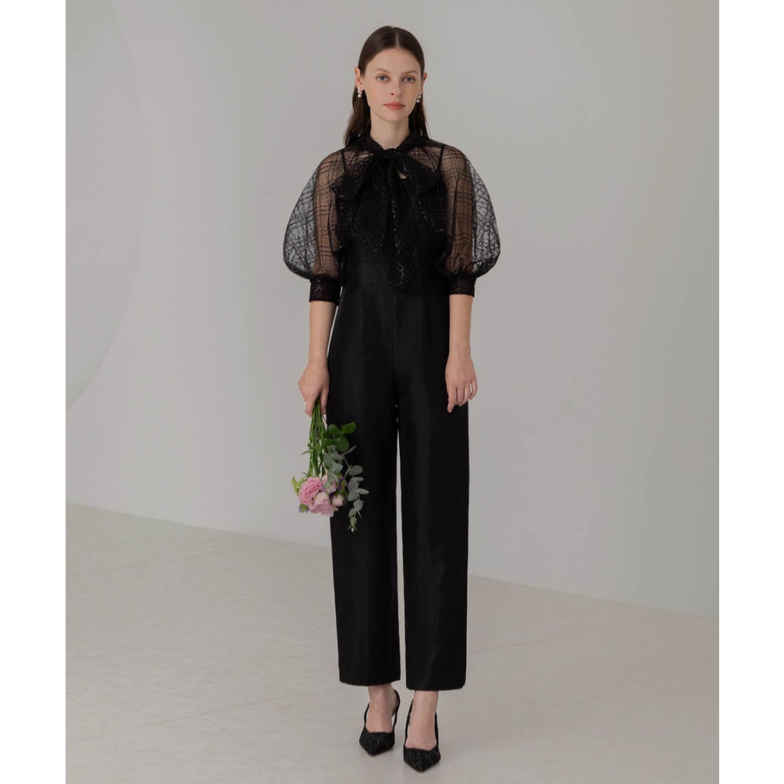 レジャ Leja ドット柄スパンコールパフスリーブボレロオールインワン