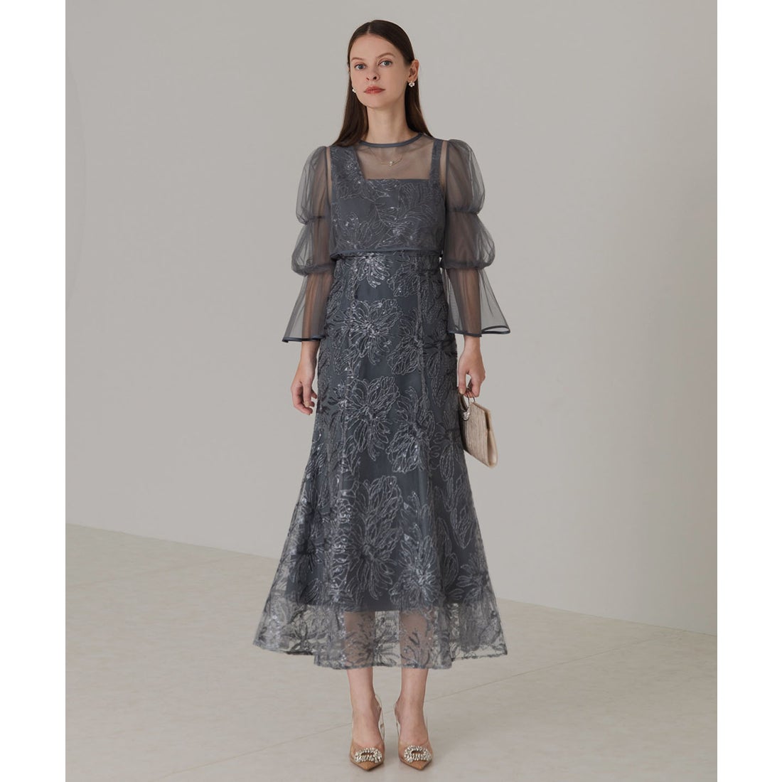 レジャ Leja フレアスリーブボレロ花柄刺繍マーメイドドレスワンピース