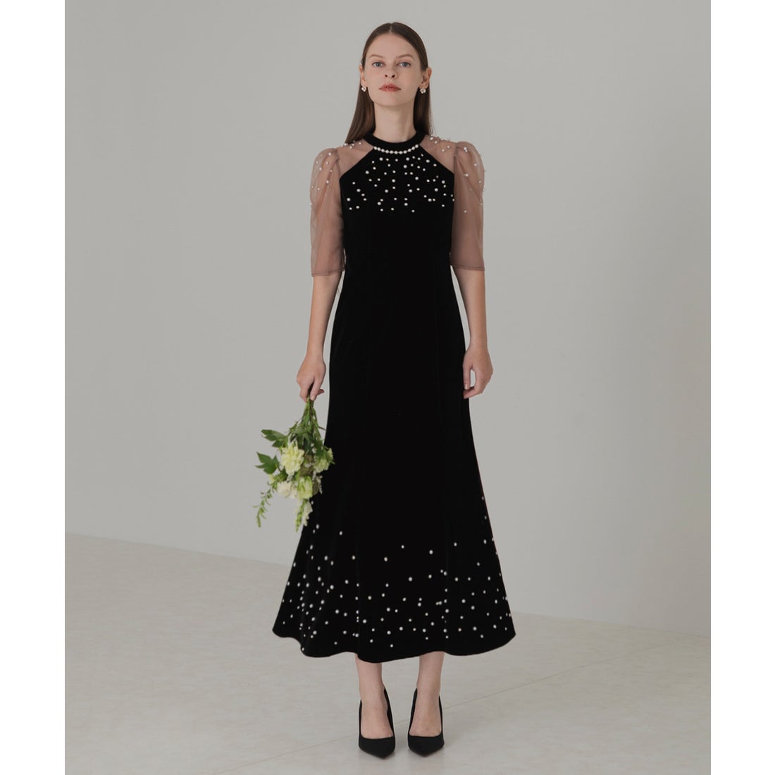 レジャ Leja シアースリーブパールビジューベロアマーメイドドレス美脚