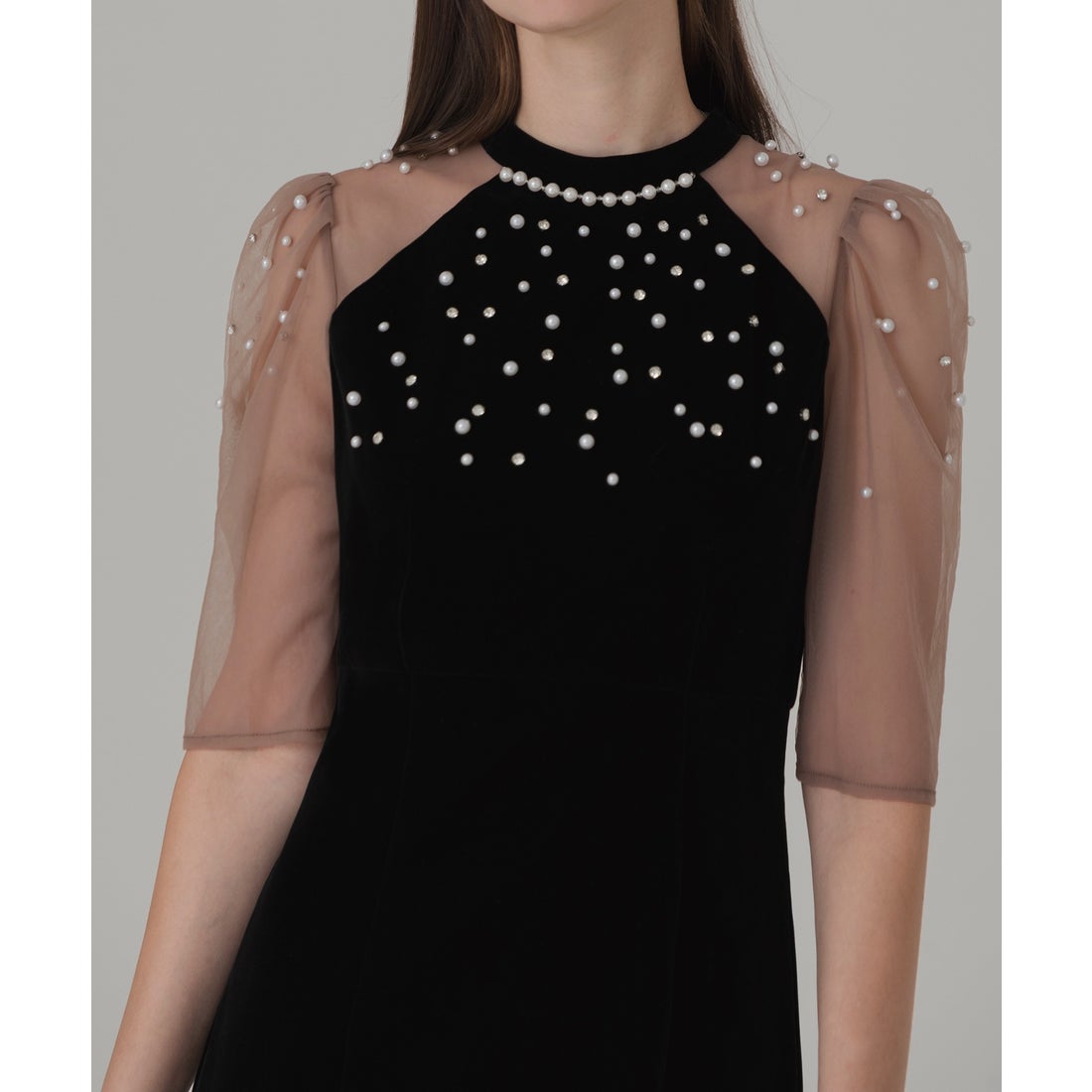 レジャ Leja シアースリーブパールビジューベロアマーメイドドレス美脚