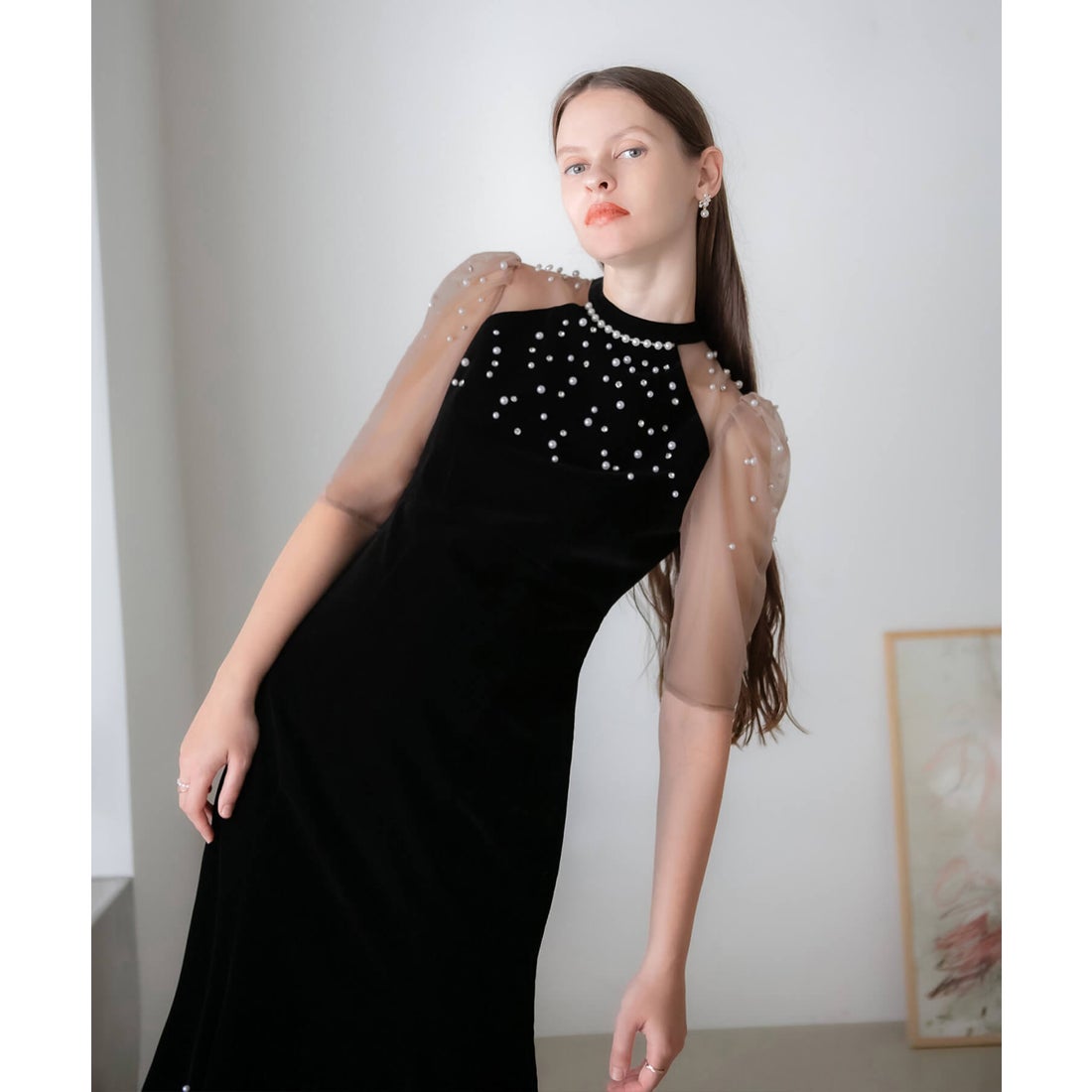 レジャ Leja シアースリーブパールビジューベロアマーメイドドレス美脚