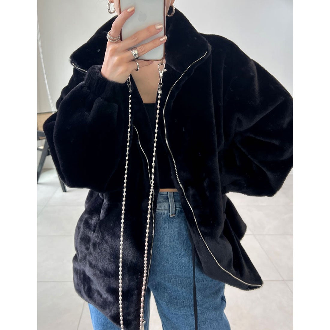 リエディ Re:EDIT ハイネックドロスト付きフェイクファージャケット