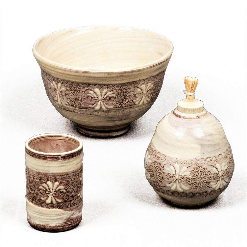 茶道具 三点セット（茶碗・振出・茶巾筒） 陶器 三点セット 紫三島