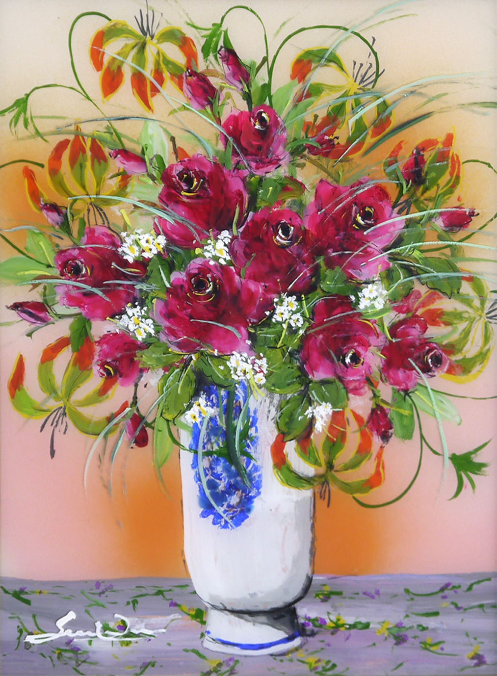 大野剛正 アクラス画 好日 ガラス絵 絵画 油絵 油彩画 花 フラワー 花束