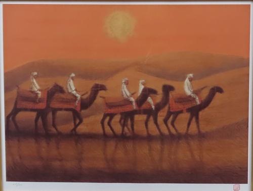 平山郁夫「砂漠らくだ行」リトグラフ直筆サイン・落款・作品証明シール有