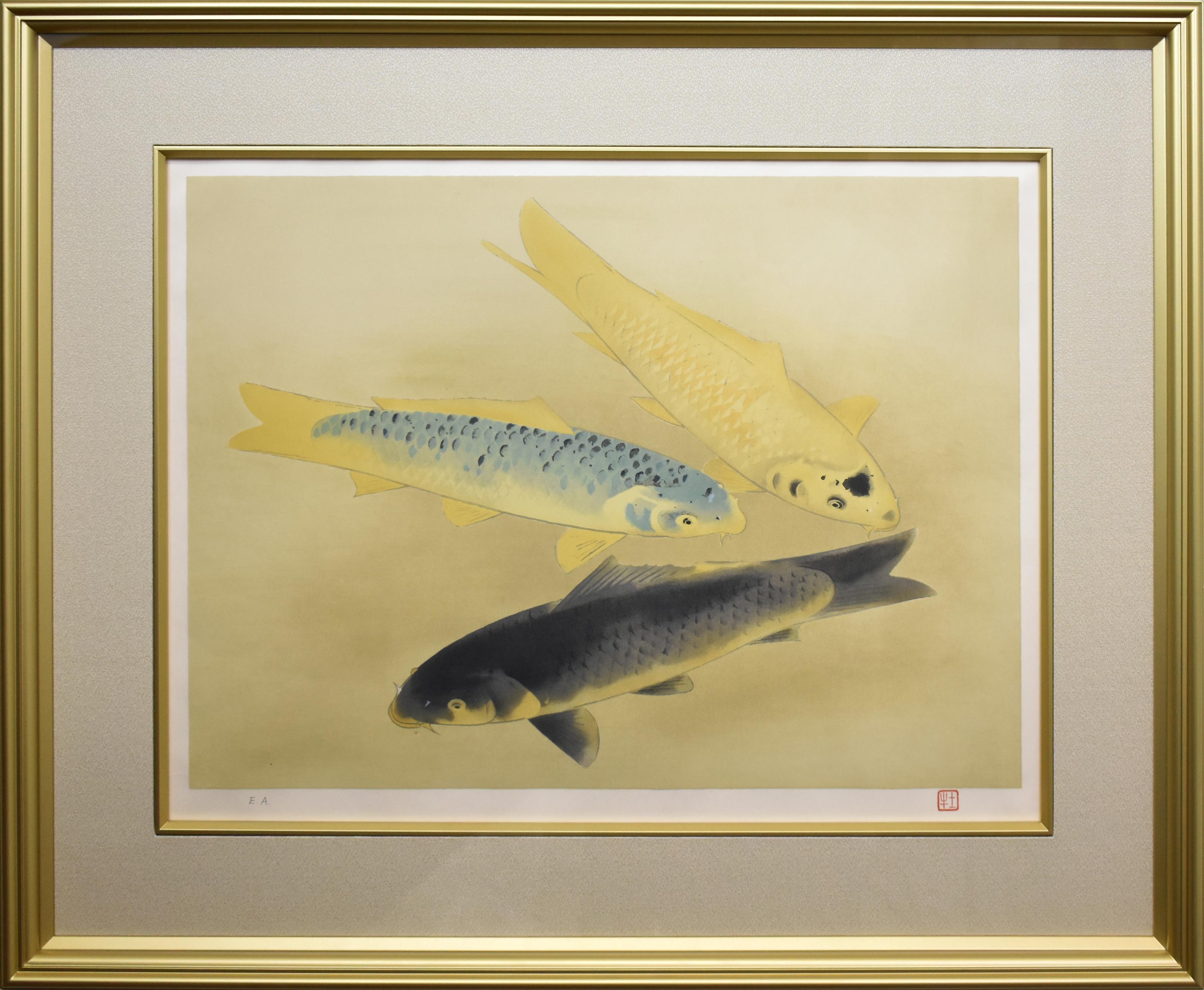 日本画 鯉の名人による繊細なタッチで泳ぐ金鱗銀鱗 逸品 日本