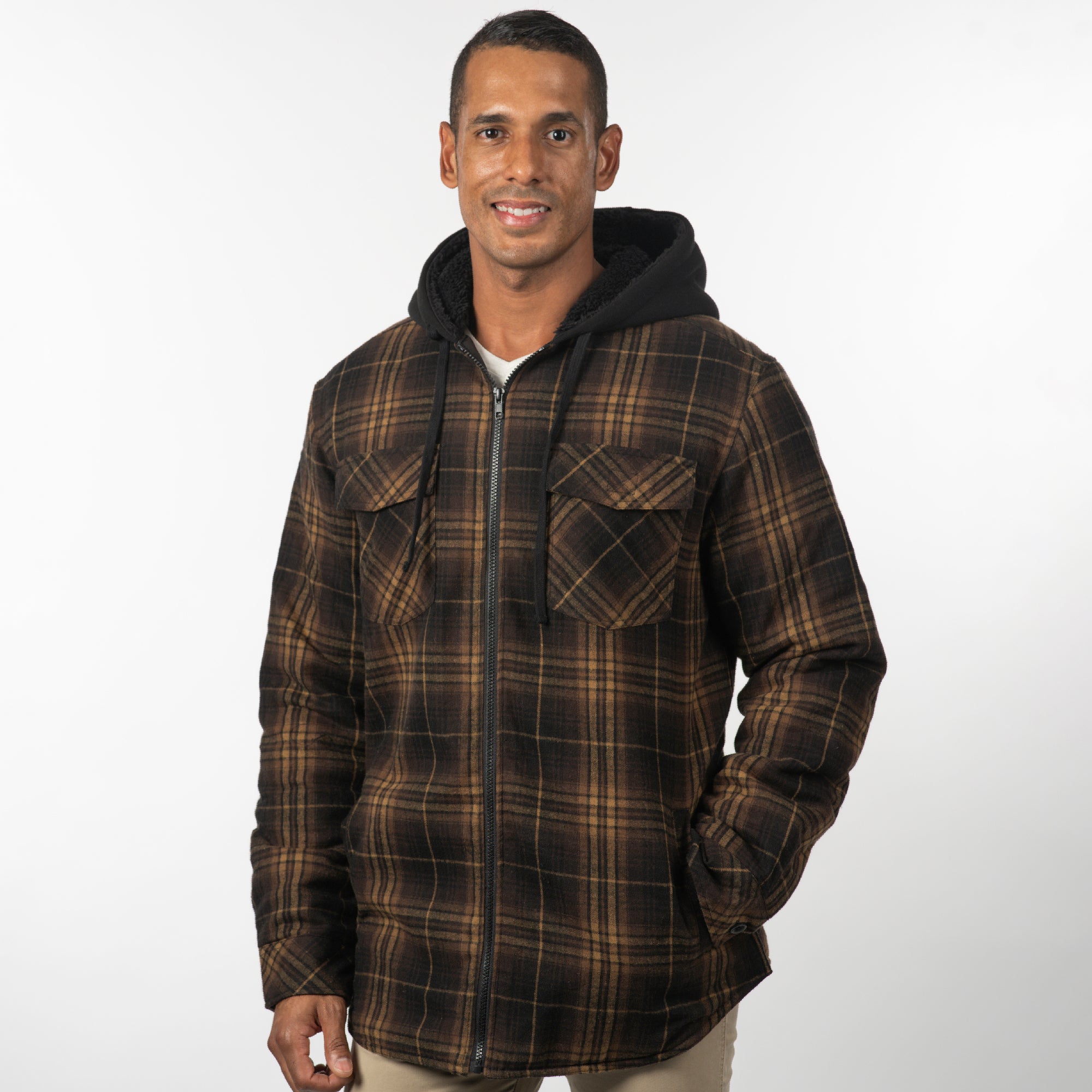 BURNSIDE MENS FLANNEL JACKET WITH SHERPA HOODIE / QUILTED
