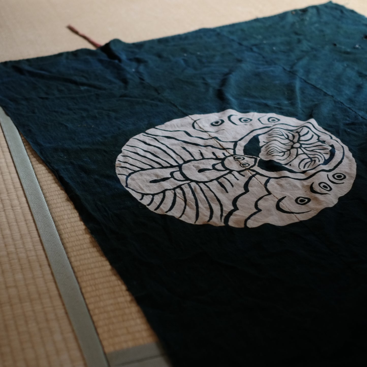 藍染筒描き三巾加賀のれん時代物木綿古布ソ-398