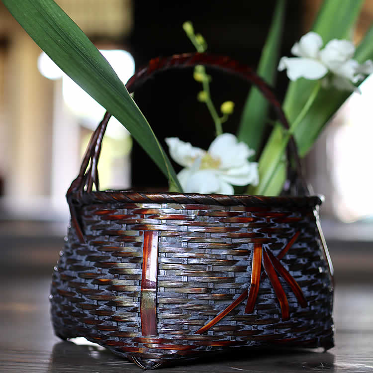 希少価値！】虎斑竹の花籠 生花用 置物 専用の花瓶剣山付き 専用箱なし