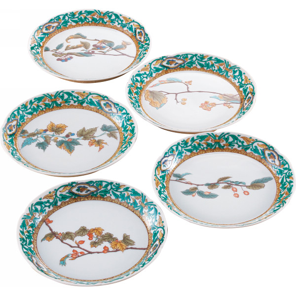 九谷焼色絵鶴亀図扇形刺身皿 5枚 [B31710] 九谷焼色絵鶴亀図