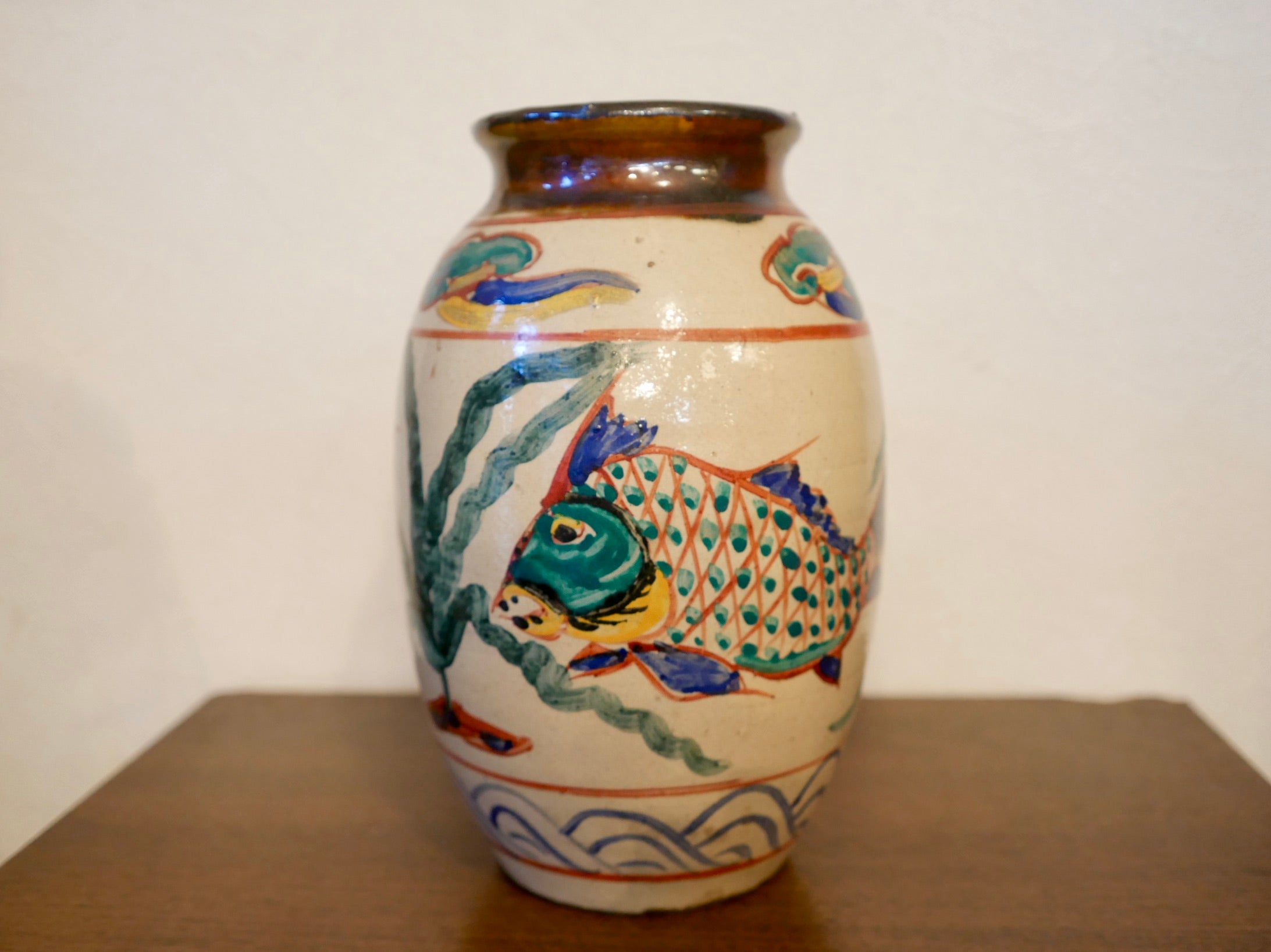 壺屋焼 人間国宝 金城次郎 作 魚文抱瓶（小） 壺屋焼 人間国宝 金城