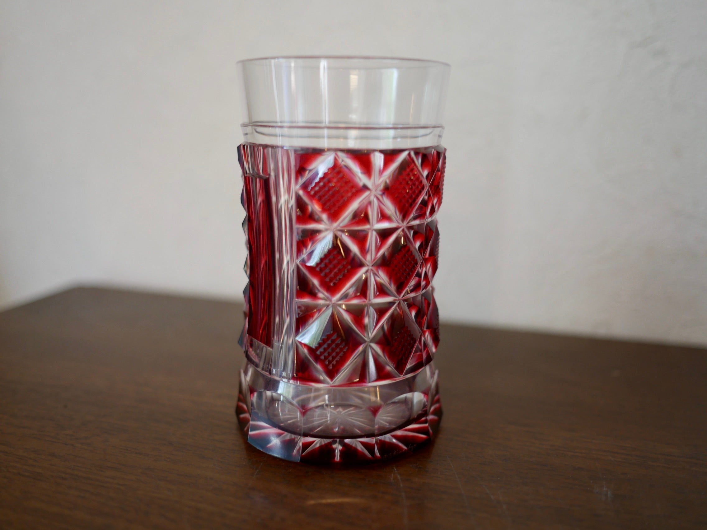 島津薩摩切子【矢来魚子紋】タンブラー 紅ガラス クリスタルガラス 酒