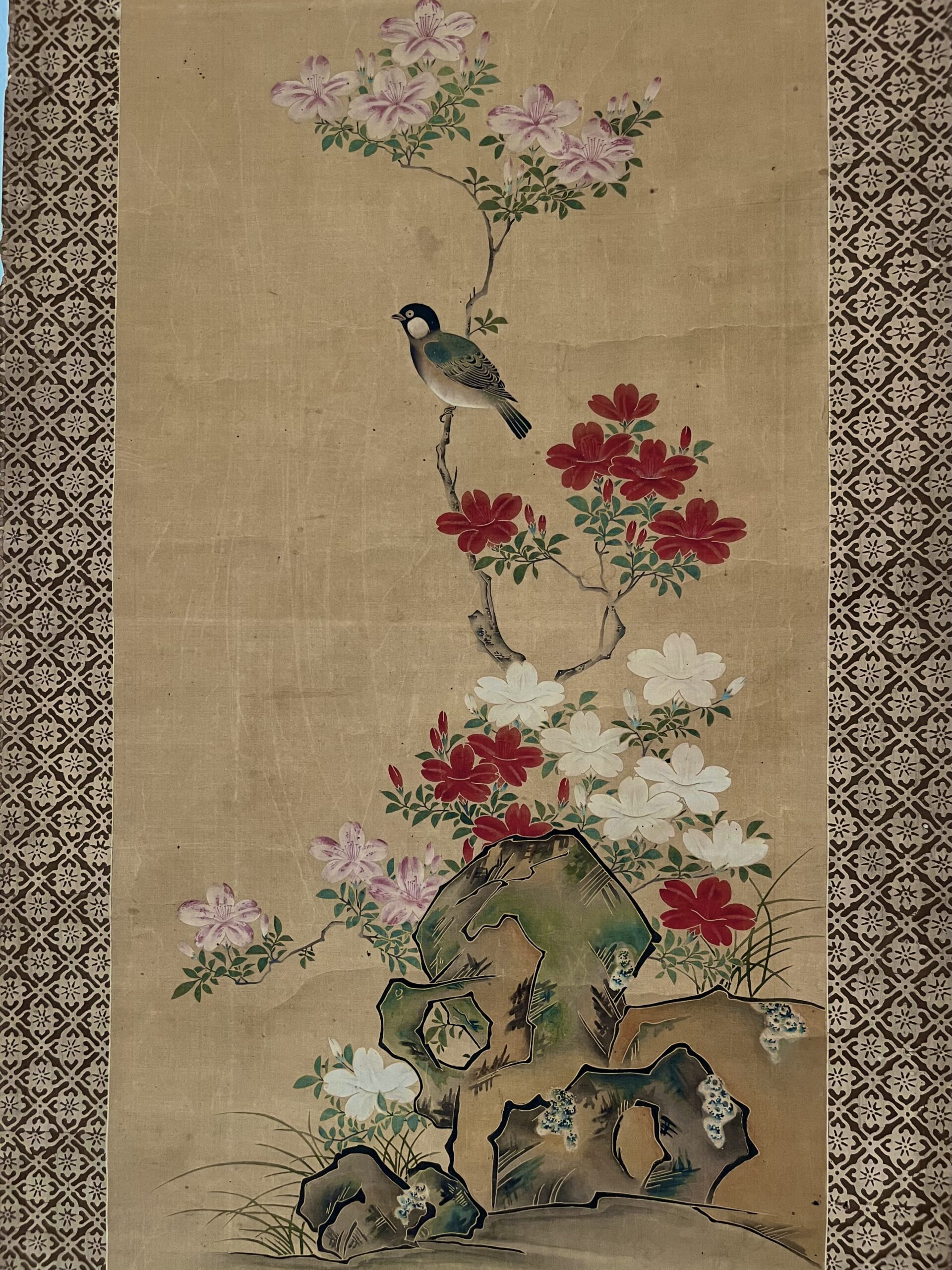 掛軸 雲鳳 絹本 消災南天 花鳥図 掛軸 雲鳳 絹本 消災南天 花鳥図