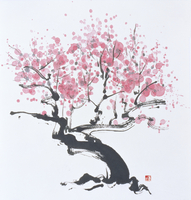 水墨画 ボタンと梅の寺の風景の絵 水墨画 ボタンと梅の寺の風景の絵