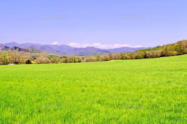 春の草原と日高の山並み[10217000480]の写真・イラスト素材｜アマナ