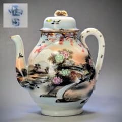 オールドニッポン ポット 花鳥図 白釉盛上 花摘み・フラワーハンドル