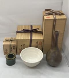 B143 備前花入・砥部白水茶碗・織部蓋置 茶道具3点セット 各共箱