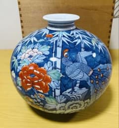 九谷/有田焼風 染付色絵 丸花瓶 壺 花瓶 牡丹孔雀文 Kutani/Arita