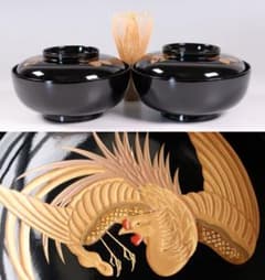 CM397】天然木漆塗 菊桐鳳凰金蒔絵 黒塗 煮物椀 二客 昭和期 木製漆器