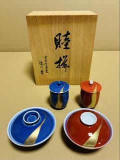 新品】有田焼 深川製磁 睦揃 夫婦鶴 夫婦蓋付茶碗、蓋付湯呑 各2個 木
