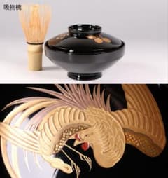 CM403】天然木漆塗 菊桐鳳凰金蒔絵 黒塗 吸物椀 1客 昭和期 木製漆器