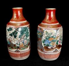時代物 九谷焼 庄三 金彩花鳥人物図徳利 一対 細密な絵図が素晴らしい