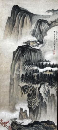 水墨画掛け軸山冷雨催紅 謝陽画山水中国張大千大風堂カラー箱付