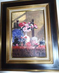 青木敏郎、絵画、油彩4号、椿レーマ杯染付皿、高級額縁、肉筆、森本草