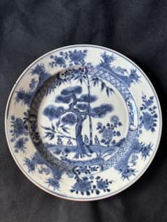 中国古美術 清の乾隆時代 青花 松竹 大皿23cm 染付染付