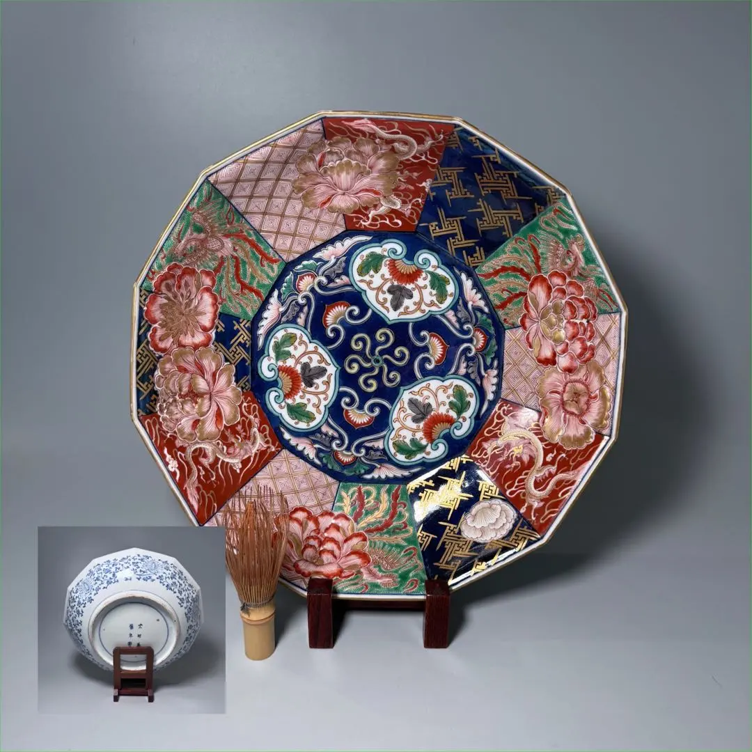 継続出品 江戸時代 有田焼 献上 古伊万里 色絵 団鳳凰雲龍文 木瓜型小鉢