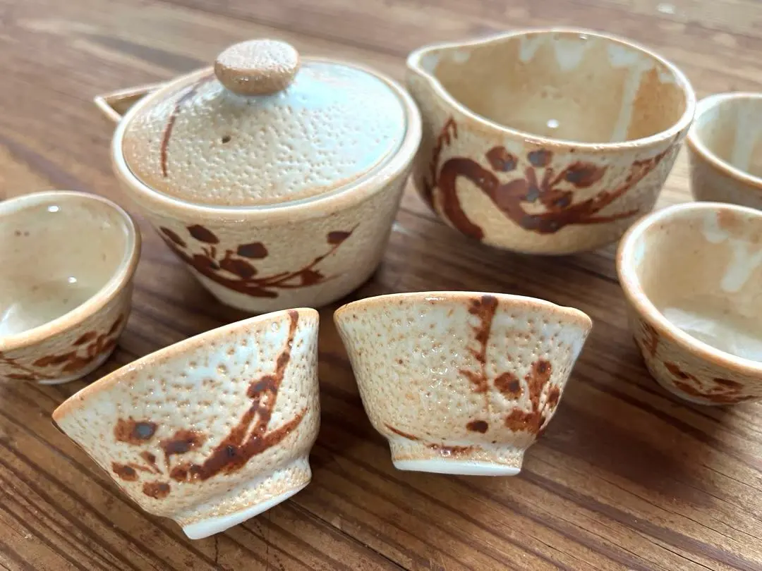 2166 志野焼 荘山窯 紅志野 茶器セット 急須1客 湯呑5客