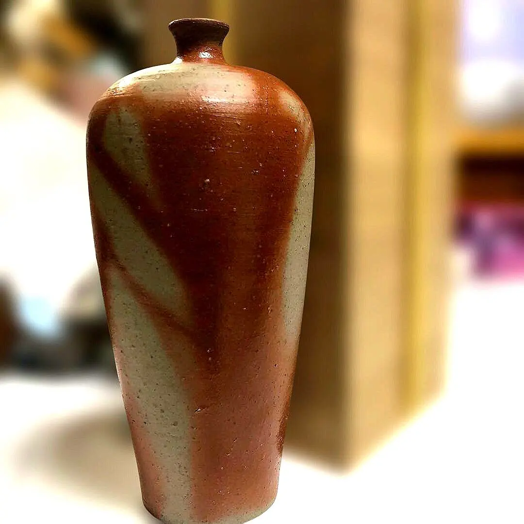 B117b 山本雄一造「備前 三方花入」共布共箱 山本陶秀の長男