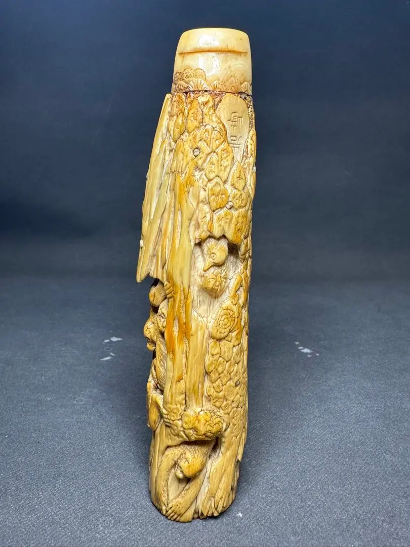 柘植彫 鯨歯 象嵌 「舌出し 三番叟」 からくり 根付 珍品