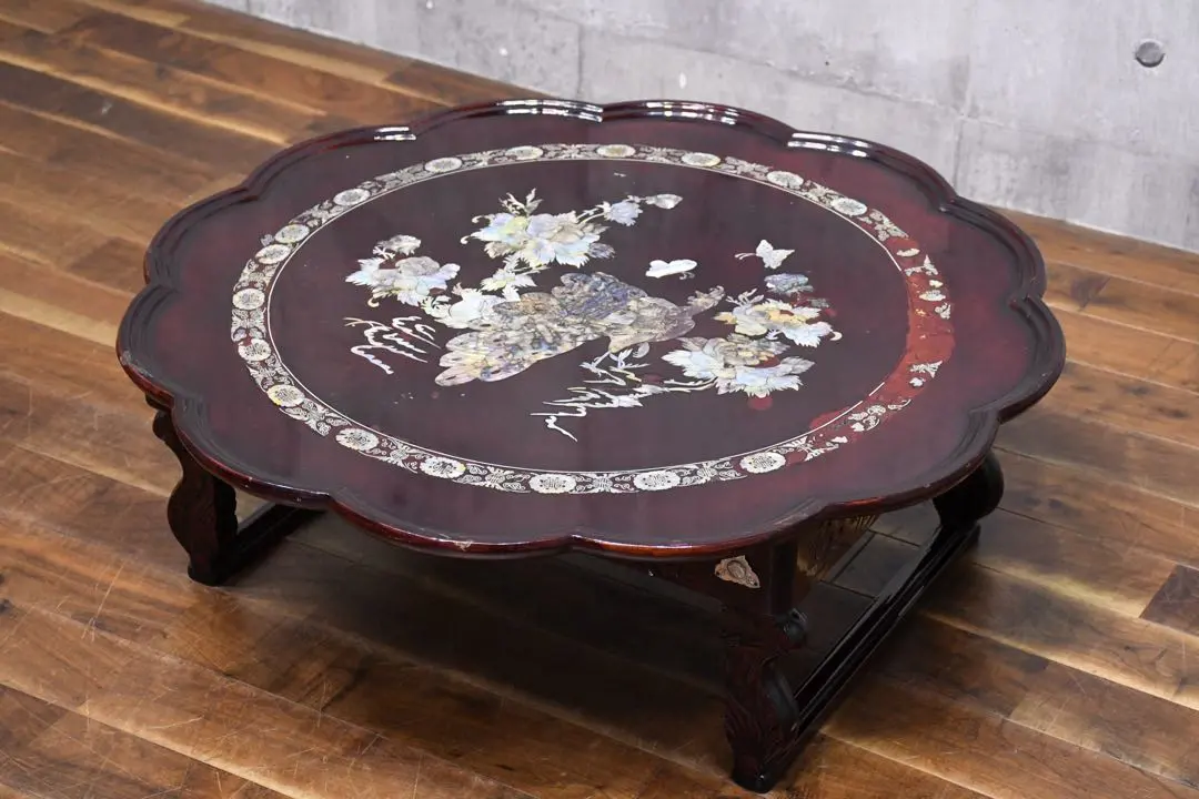 黒い木製座卓 花と鳥のデザイン螺鈿細工中国