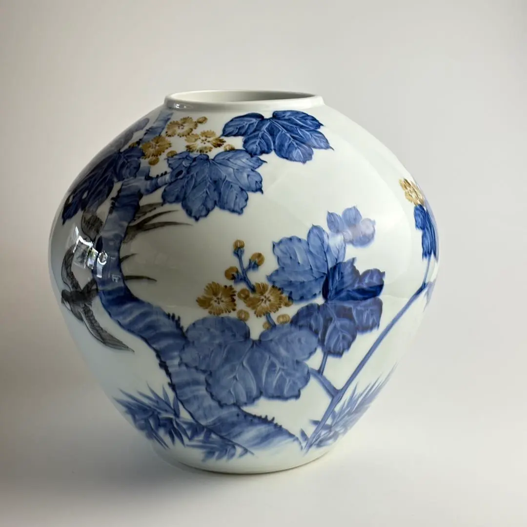 猿川谷 山徳窯有田焼 染付 松鷹図大花瓶 56㎝ 飾