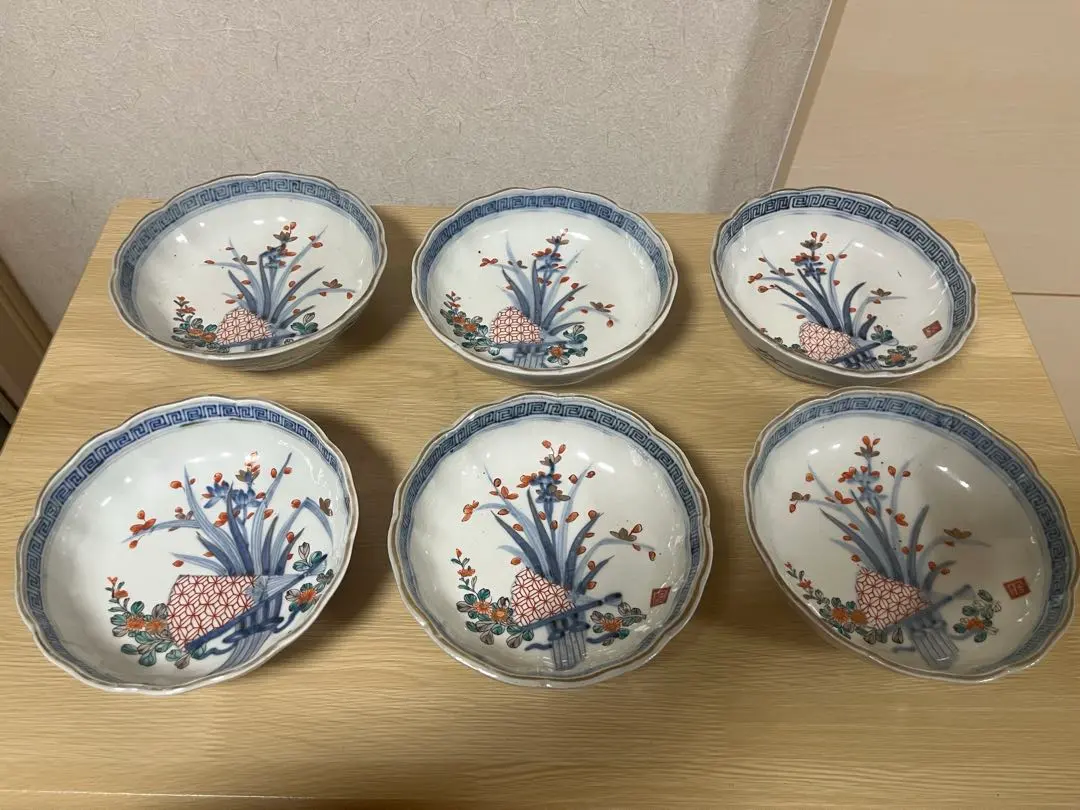 伊万里焼色絵ねじれ文に鳳凰図錦手なます皿5枚 [B24902]