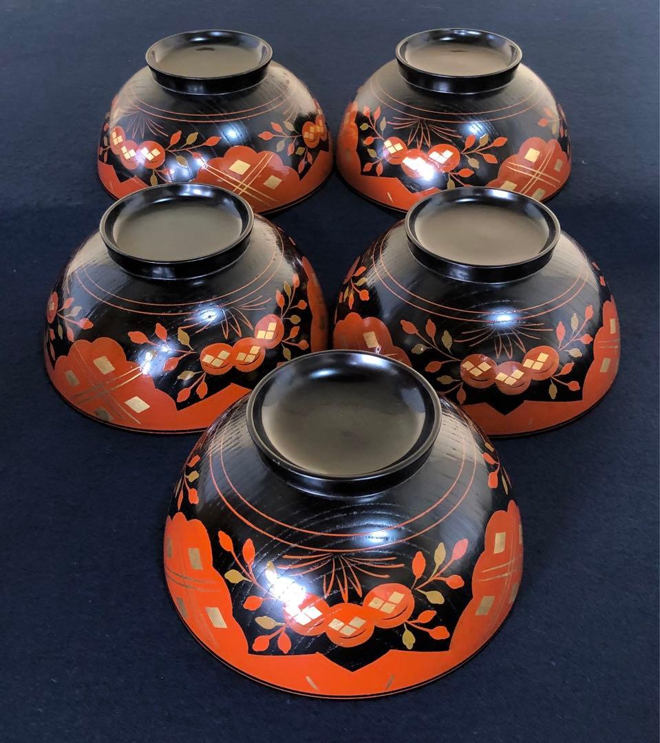 《R》正法寺蒔絵 煮物椀5客 葵春作 木製漆器 共箱　251208お4