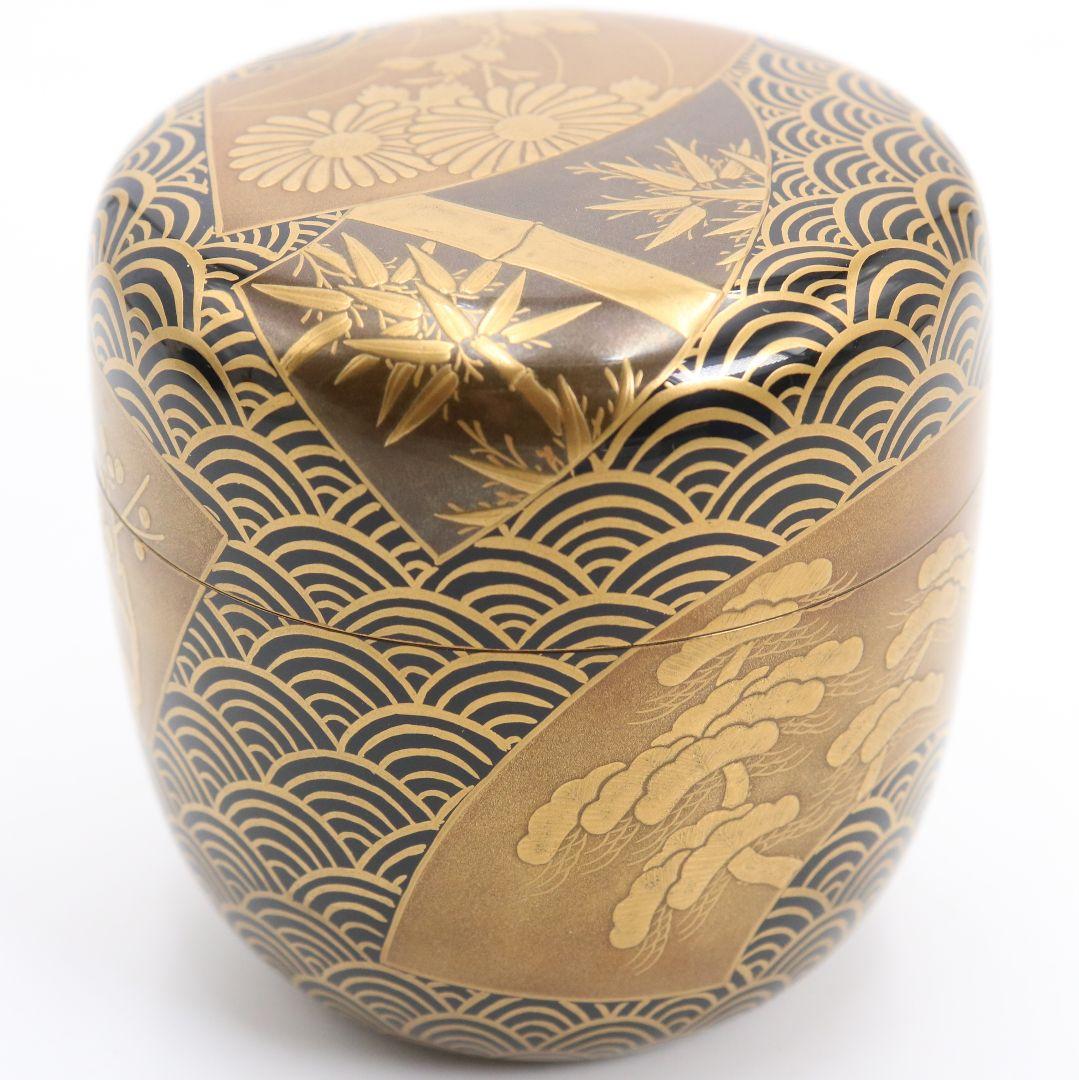 青海波に五君子蒔絵 中棗 松竹梅 金梨子地 茶道具 M881