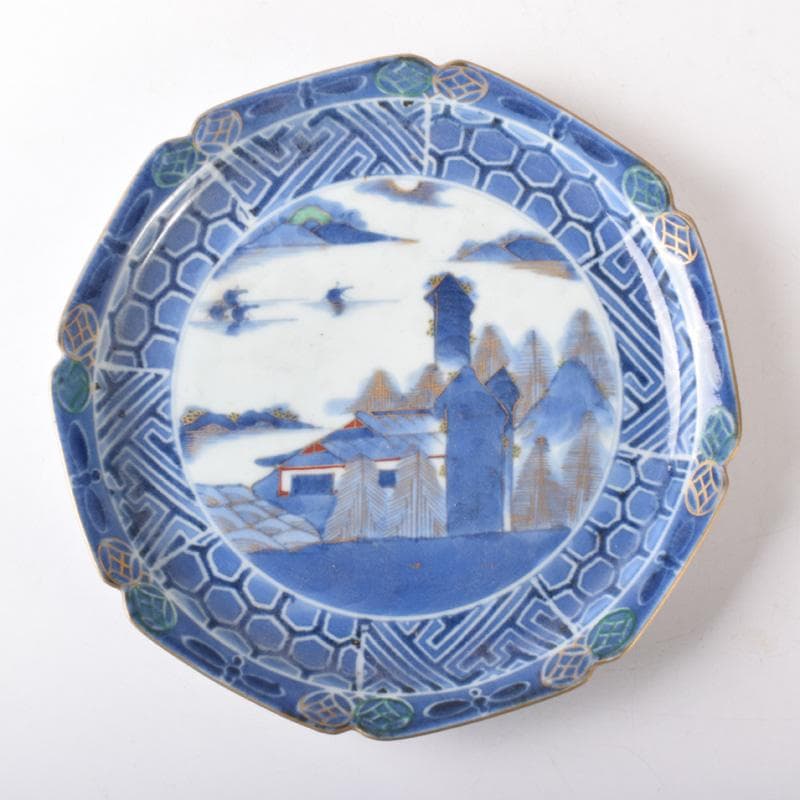 伊万里焼　古伊万里　富長貴春　染付　山水文　輪花皿　時代箱付　C　8264