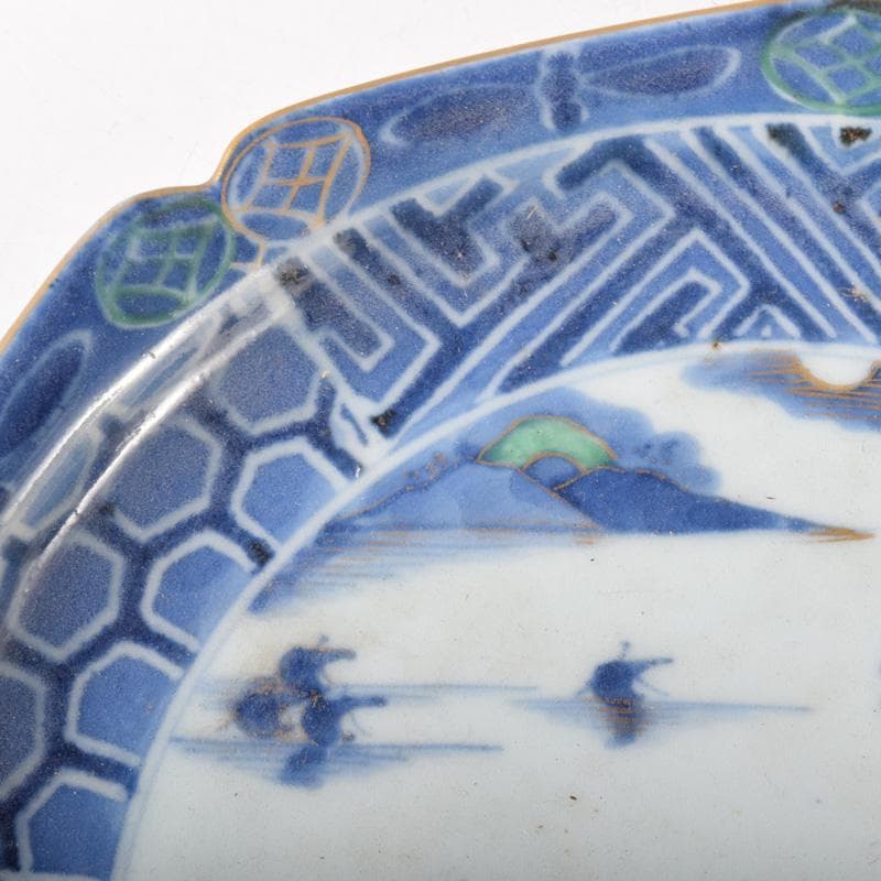 伊万里焼　古伊万里　富長貴春　染付　山水文　輪花皿　時代箱付　C　8264