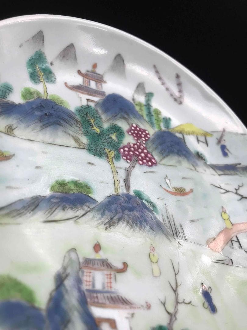 中国古玩清道光時代道光年製在銘粉彩青緑山水人物吉祥紋皿唐物(A-1)