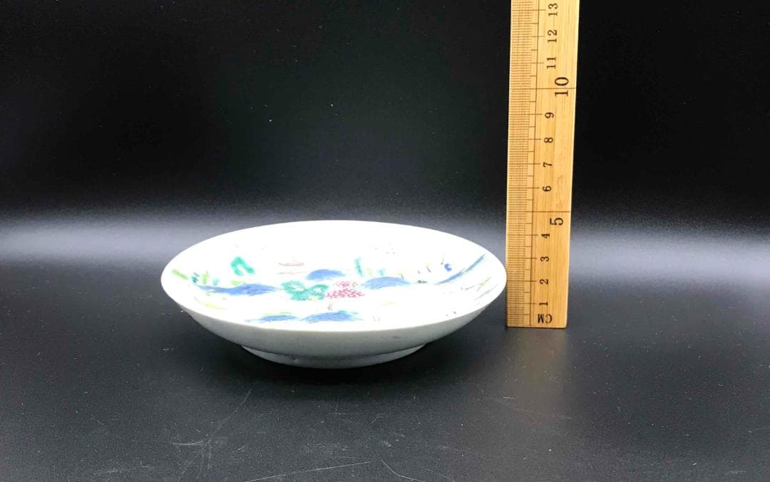 中国古玩清道光時代道光年製在銘粉彩青緑山水人物吉祥紋皿唐物(A-1)