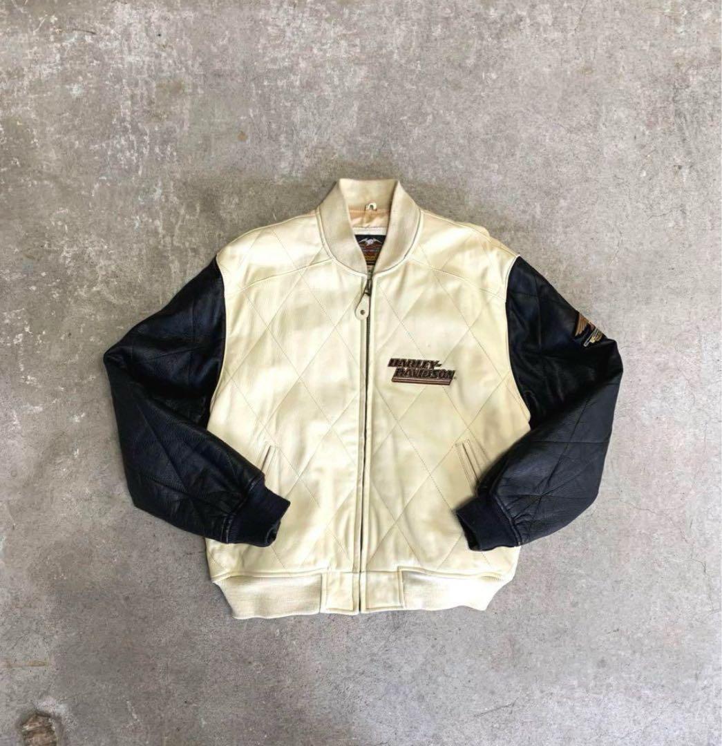 Harley-Davidson レザージャケット ホワイト/ブラック Start Your Enginesレザーレーシングジャケット -ハーレーダビッドソン