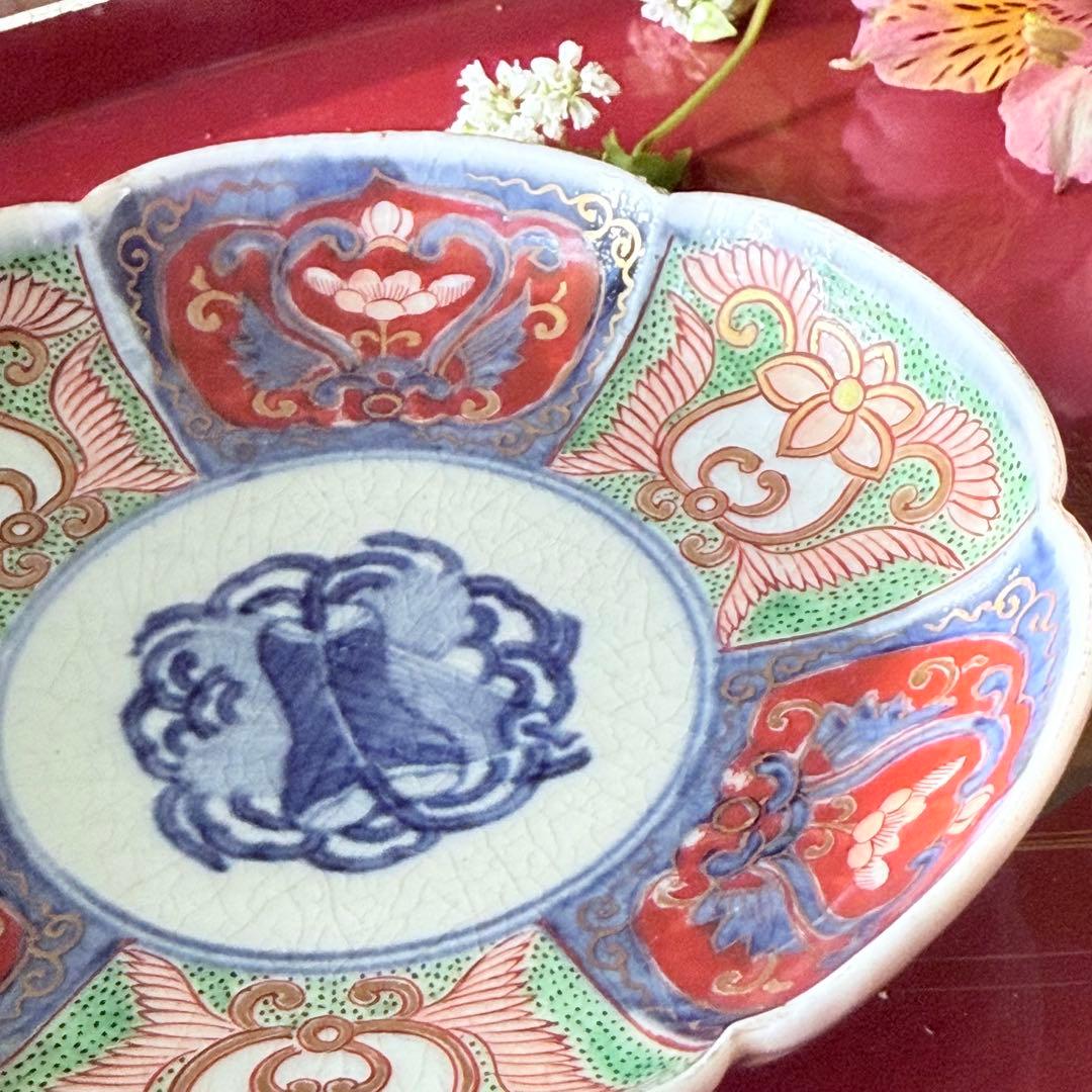 2208様感謝‼️明治27年‼️超絶伊万里錦手　軍配❌瓔珞文　輪花縁小皿5客高橋氏