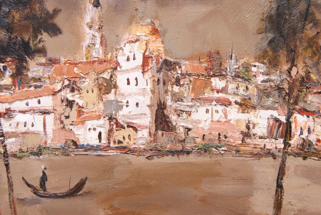 友成晴雄 F8 肉筆 風景画 「 水路 」 油絵 油彩画