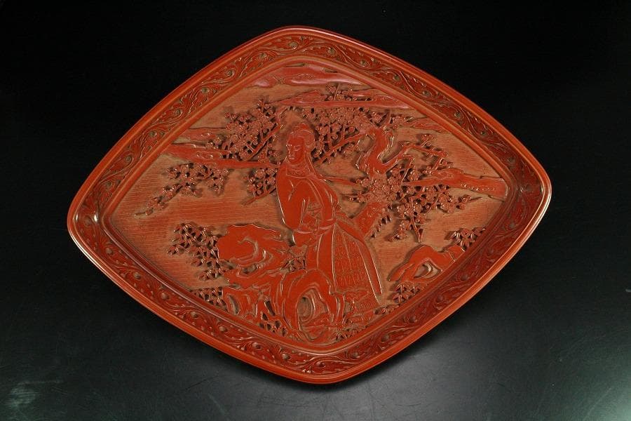 仿古 堆朱 刻 梅下女人紋 菱盆(K-LC479) - winetouritalia.com